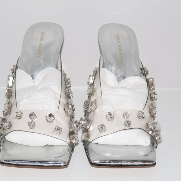 Good American Jeweled Emma Slip On Heels Rhinestones 4" Silver Stiletto Size 11 - Picture 5 of 7